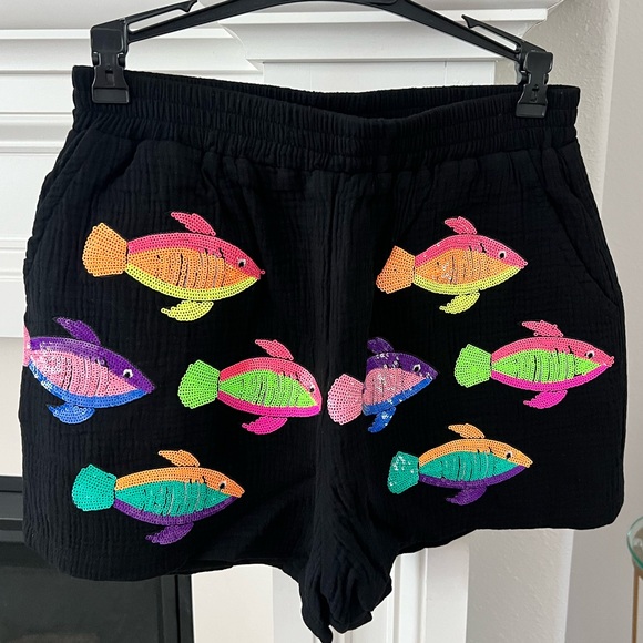 QUEEN OF SPARKLES Pants - Queen of Sparkles XS Black & Neon Fish Gauze Shorts NWT